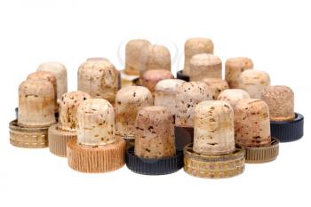 used corks from alcoholic spirits isolated on white background