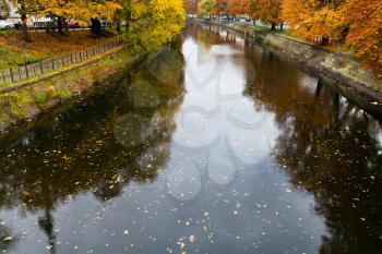 leaves fall on water of Landwehrkanal in Berlin in autumn day