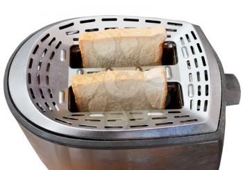 two fresh slices of bread in metal toaster isolated on white background