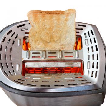 one toasted slice of bread on hot metal toaster isolated on white background