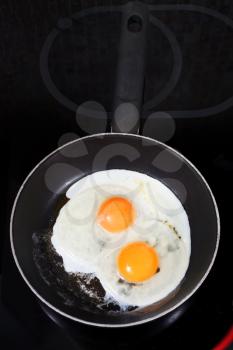 two fried eggs in hot frying pan on electric stove
