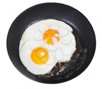 top view of two fried eggs in frying pan isolated on white background