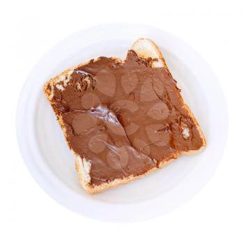 sweet sandwich from fresh toast with chocolate spread on white plate isolated on white background