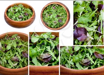 leafs of rocket salad in wooden bowl close up