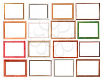 set of narrow wooden picture frame with cutout canvas isolated on white background