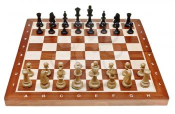 chess pieces placed on chessboard isolated on white background