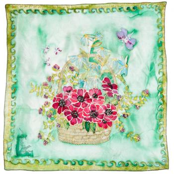 silk batik scarf with painted basket with flowers