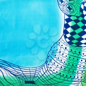 abstract blue drawing geometric pattern of painted silk batik on handmade scarf