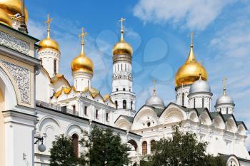 golden domes of Archangel Cathedral, Annunciation Cathedral and Ivan the great bell tower in Moscow Kremlin