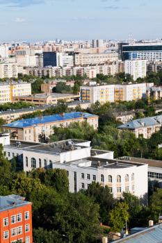 above view of urban living area in Moscow in summer afternoon