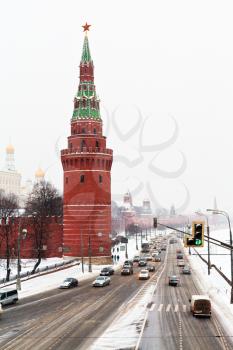 snow in Moscow - view of Kremlin Embankment in winter snowing day