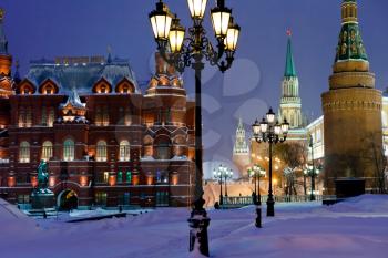 snow in Moscow - Kremlin towers in winter snowing evening
