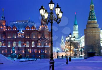 snow in Moscow - Kremlin towers in winter snowing night