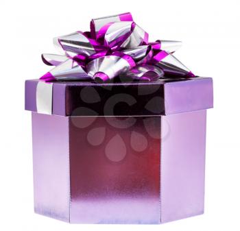 shining purple gift box with tinsel knot isolated on white background