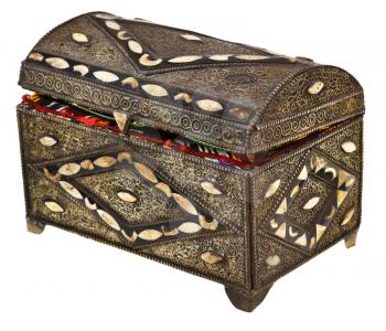 ancient metal treasure chest isolated on white background