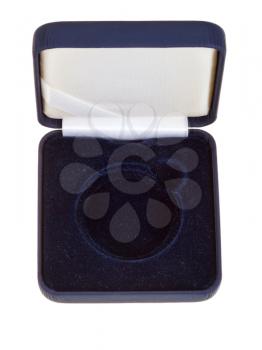 open empty black velvet numismatic box isolated on white background