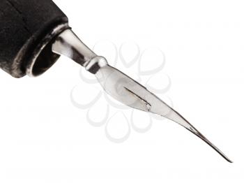 pointed nib of drawing pen close up isolated on white background
