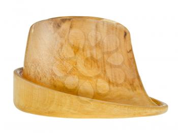 side view of linden wooden hat block isolated on white background
