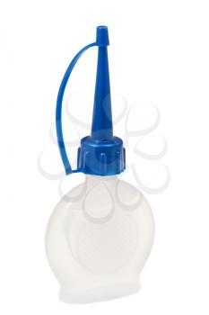 small plastic oiler with blue cap isolated on white background