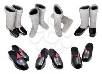 set of knee-high felt boots and black rubber galosh isolated on white background