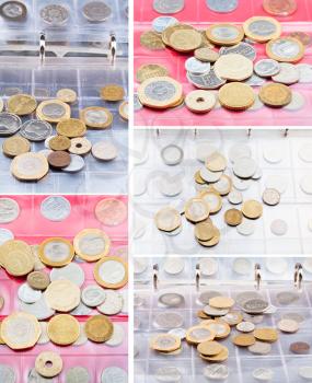 numismatic album with different coins close up