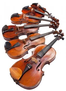 different sized violins isolated on white background close up