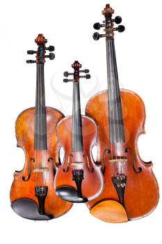 three sizes of violins isolated on white background close up