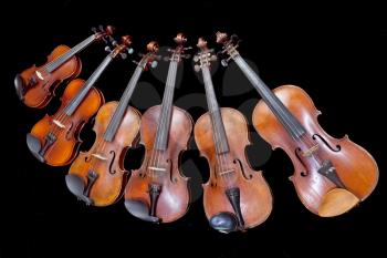 different sized fiddles on black background