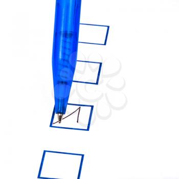 put tick in blue square box by blue ballpoint pen