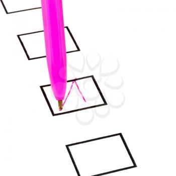 tick in black square box by pink ball pen