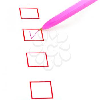 tick in red square box by pink ball pen