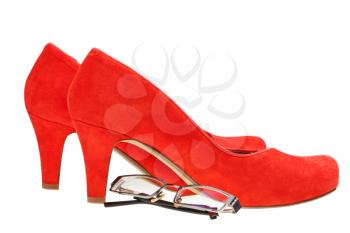 red high heels woman shoes and eyeglasses isolated on white background