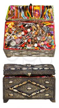 set of ancient decorated treasure chests with antique jewelry isolated on white background