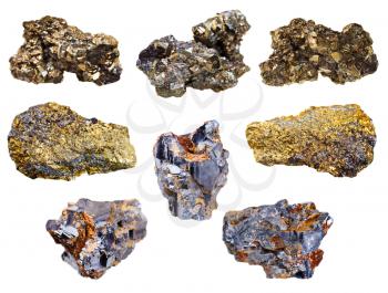 set of pyrite and chalcopyrite minerals isolated on white background