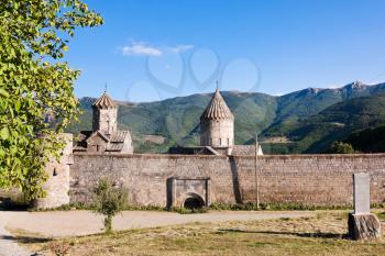 outdoor view of stone walls of Tatev Monastery in Armenia