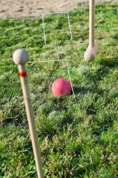 hitting through hoop in game of croquet on green lawn in summer day