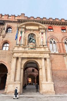 facade and arch of d'Accursio palace in Bologna, Italy