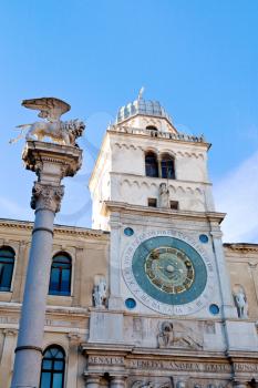 winged lion column and clock tower of Palazzo del Capitanio in Padua, Italy
