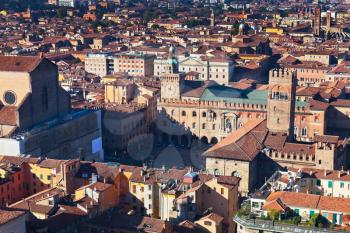 aerial view on Piazza Maggiore from Asinelli tower in Bologna, Italy