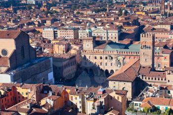 aerial view on Piazza Maggiore from Asinelli tower in Bologna, Italy