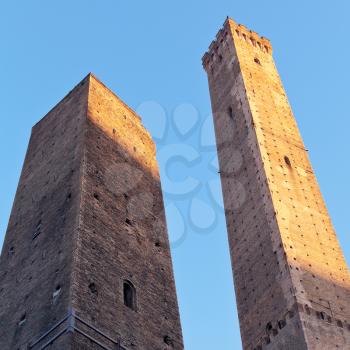 Due Torri - symbol of city under blue sky in Bologna, Italy