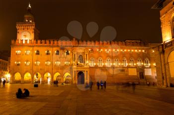 Piazza Maggiore with Accursio Palace at night, in Bologna, Italy