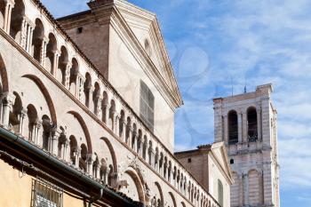 detail of facade of Ferrara Cathedral from piazza Trento Trieste, Italy