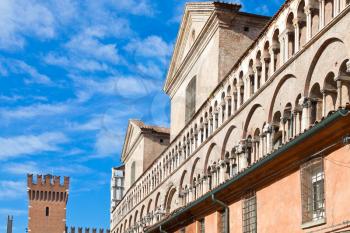 fronton of Ferrara Duomo from piazza Trento Trieste, Italy