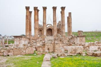 Corinthium colonnade of Artemis temple in ancient town Jerash in Jordan