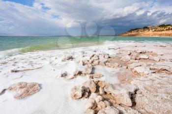 crystal salt beach on Dead Sea coast, Jordan