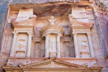 upper level of facade The Treasury in Petra, Jordan