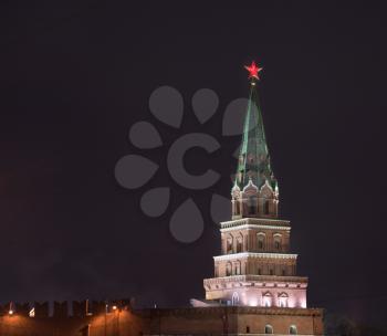 Borovitskaya Tower of Moscow Kremlin at night, Russia