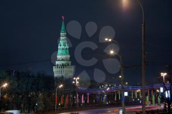 Vodovzvodnaya Tower of Moscow Kremlin at night, Russia