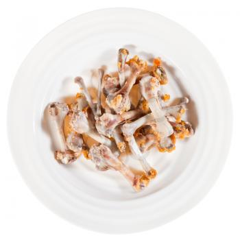 picked chicken bones on plate with white background